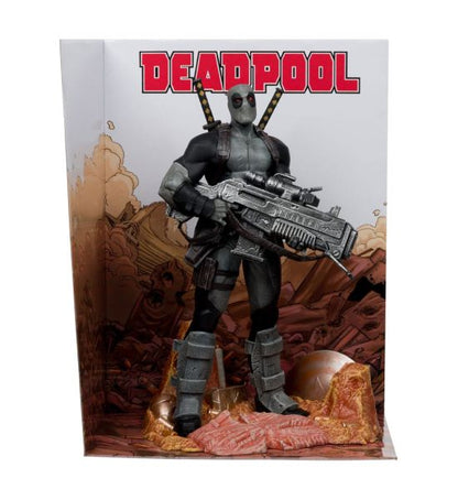 Deadpool Grey Suit Chase 1/6 scale statue by McFarlane Toys with comic backdrop – front display view
