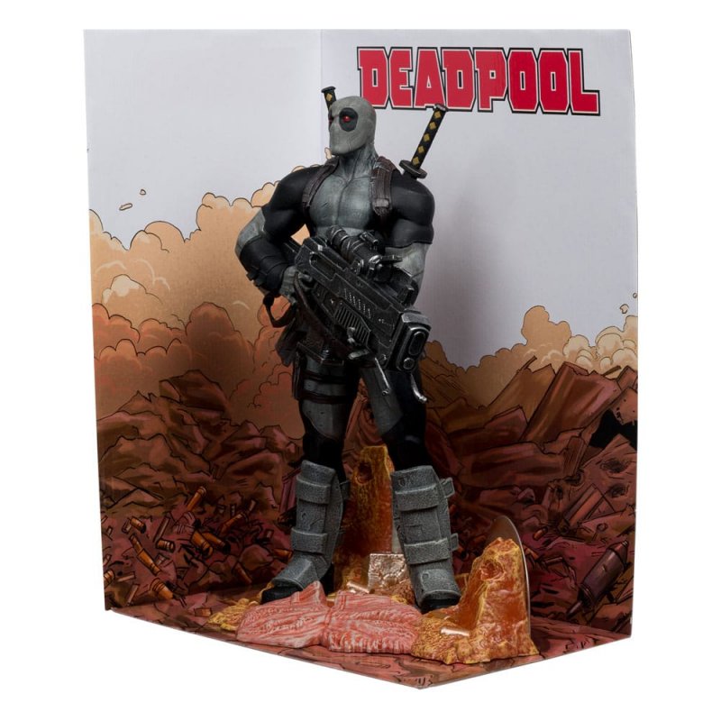 Deadpool Grey Suit Chase 1/6 scale statue by McFarlane Toys with comic backdrop – side display view