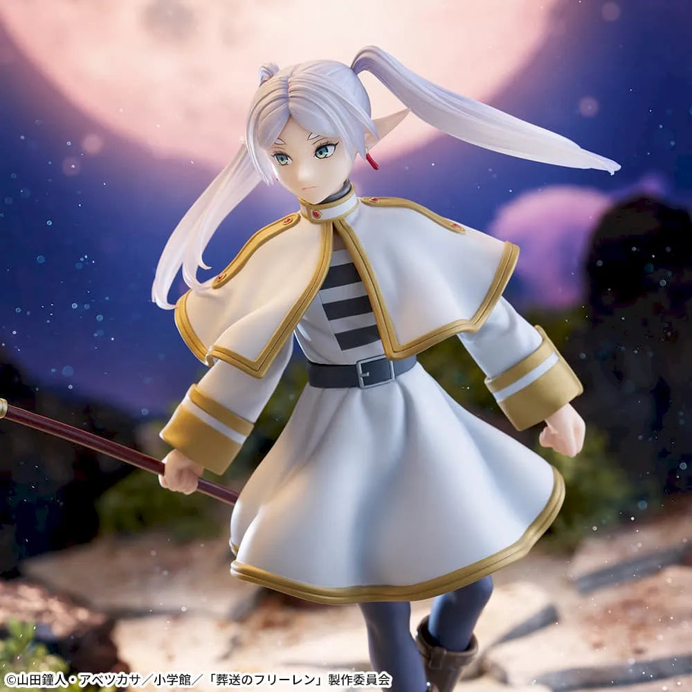 Close-up of Frieren Luminasta figure showing facial details and silver hair